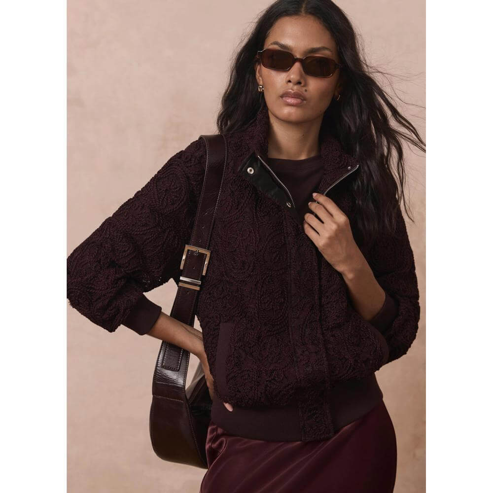 Mint Velvet Burgundy Embroidered Lace Bomber Jacket